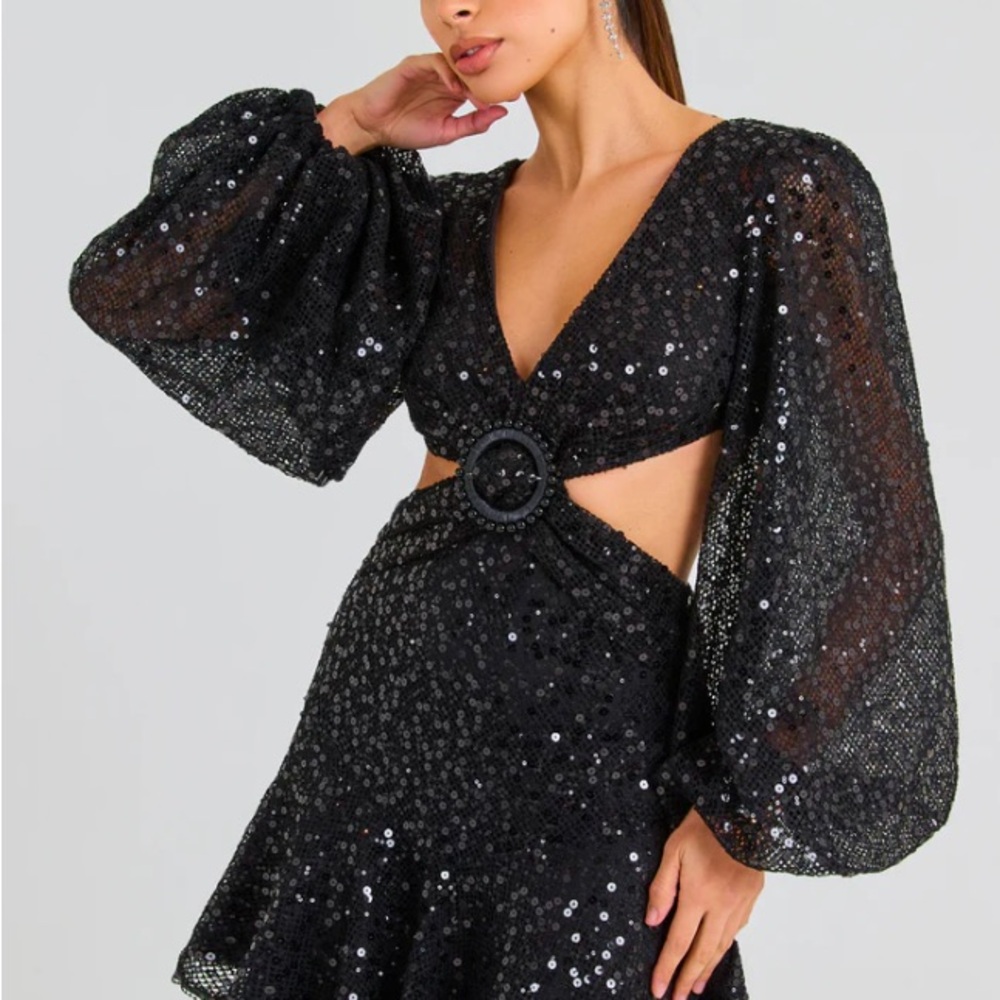NADINE MERABI Black Sequin Long Sleeve Dress
